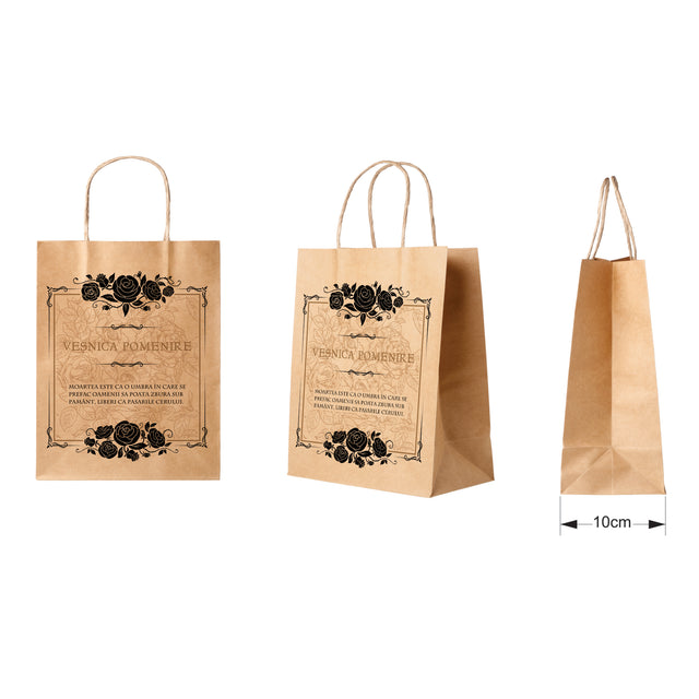 Pungă hârtie kraft NATUR pentru parastas, pomană, înmormântare „Trandafiri Negri” Veşnică Pomenire – mânere răsucite – 22 x 31(H) x 10 cm