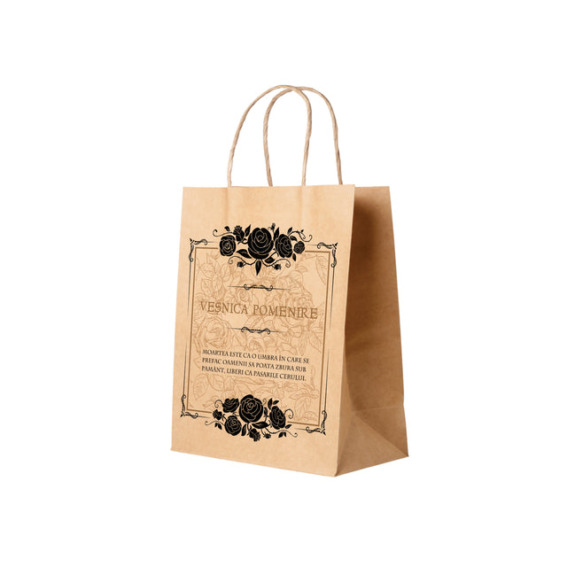 Pungă hârtie kraft NATUR pentru parastas, pomană, înmormântare „Trandafiri Negri” Veşnică Pomenire – mânere răsucite – 22 x 31(H) x 10 cm