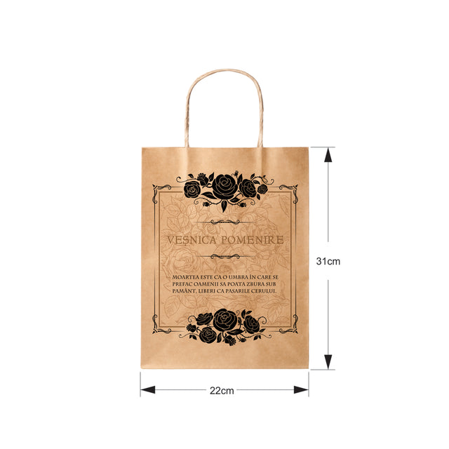 Pungă hârtie kraft NATUR pentru parastas, pomană, înmormântare „Trandafiri Negri” Veşnică Pomenire – mânere răsucite – 22 x 31(H) x 10 cm