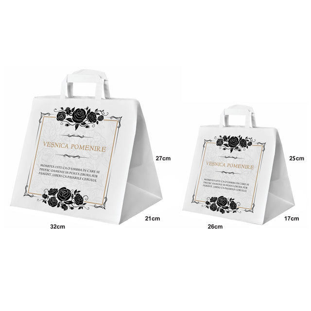 Pungă hârtie kraft ALB pentru parastas, pomană, înmormântare „Trandafiri Negri” Veşnică Pomenire – mânere plate – 32 x 27(H) x 21 cm
