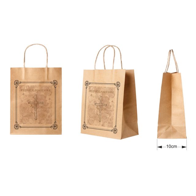 Pungă hârtie kraft NATUR pentru parastas, pomană, înmormântare „Grădina Cerului” Veşnică Pomenire – mânere răsucite – 22 x 31(H) x 10 cm