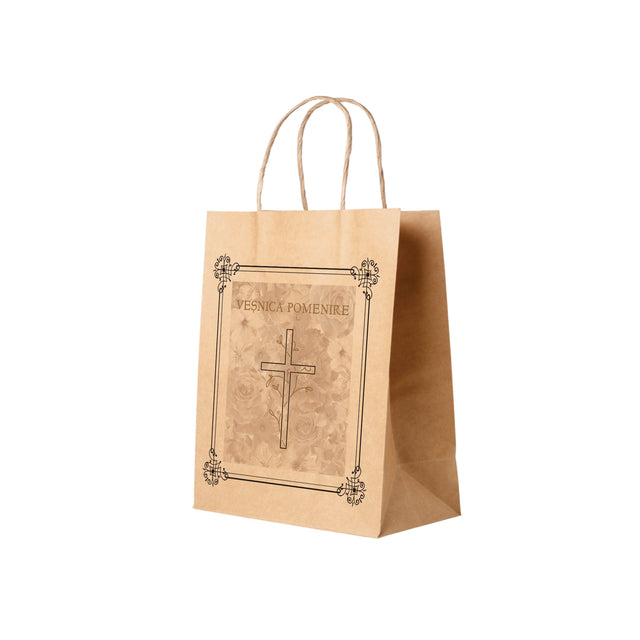 Pungă hârtie kraft NATUR pentru parastas, pomană, înmormântare „Grădina Cerului” Veşnică Pomenire – mânere răsucite – 22 x 31(H) x 10 cm