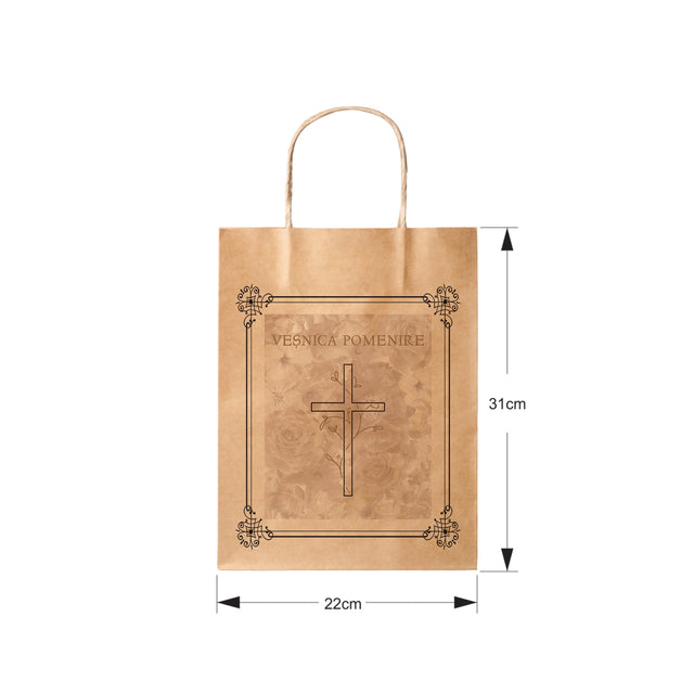Pungă hârtie kraft NATUR pentru parastas, pomană, înmormântare „Grădina Cerului” Veşnică Pomenire – mânere răsucite – 22 x 31(H) x 10 cm