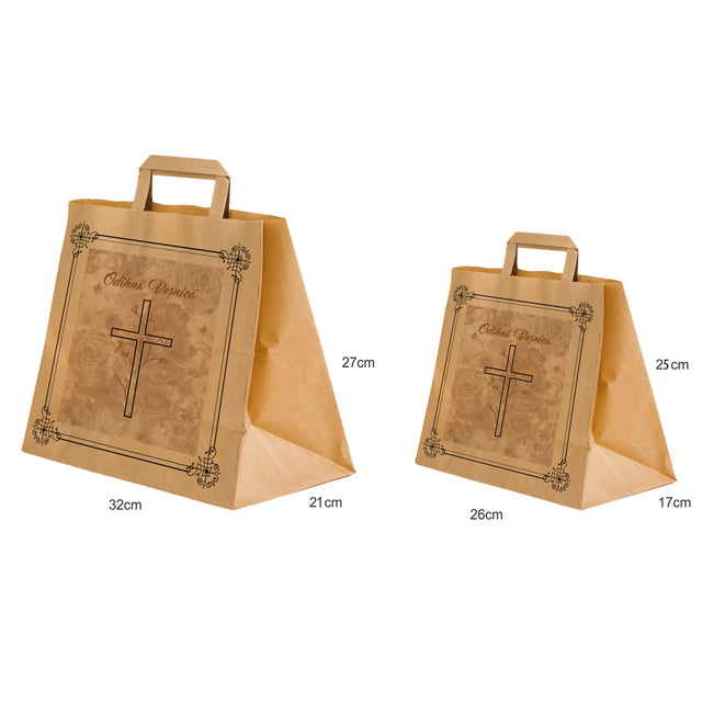 Pungă hârtie kraft NATUR pentru parastas, pomană, înmormântare „Grădina Cerului” Odihnă Veşnică – mânere plate – 26 x 25(H) x 17 cm