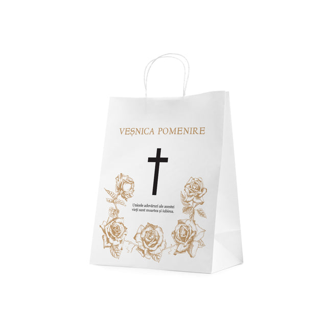 Pungă hârtie kraft ALB pentru parastase, comemorări, înmormântări Veșnica Pomenire, mânere răsucite - Model 2 24 x 31(H) x 10cm