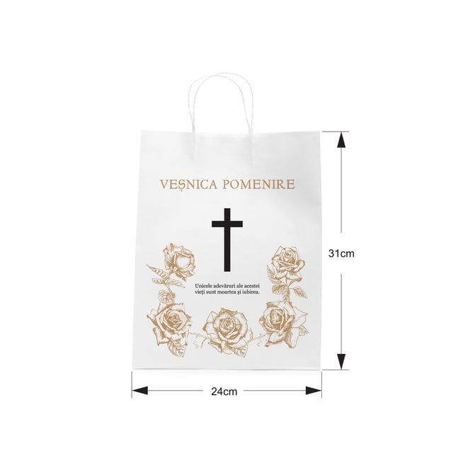 Pungă hârtie kraft ALB pentru parastase, comemorări, înmormântări Veșnica Pomenire, mânere răsucite - Model 2 24 x 31(H) x 10cm
