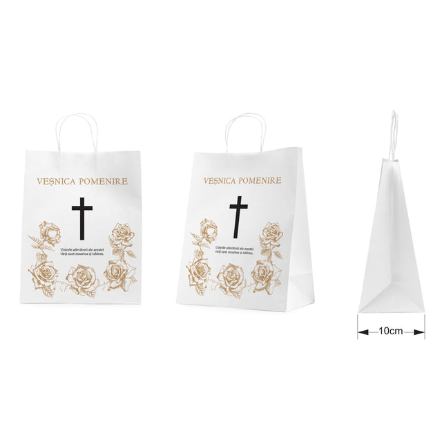 Pungă hârtie kraft ALB pentru parastase, comemorări, înmormântări Veșnica Pomenire, mânere răsucite - Model 2 24 x 31(H) x 10cm