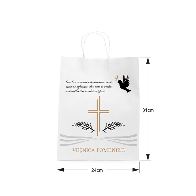 Pungă hârtie kraft ALB pentru parastase, comemorări, înmormântări Veșnica Pomenire, mânere răsucite - Model 3 24 x 31(H) x 10cm