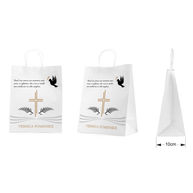 Pungă hârtie kraft ALB pentru parastase, comemorări, înmormântări Veșnica Pomenire, mânere răsucite - Model 3 24 x 31(H) x 10cm