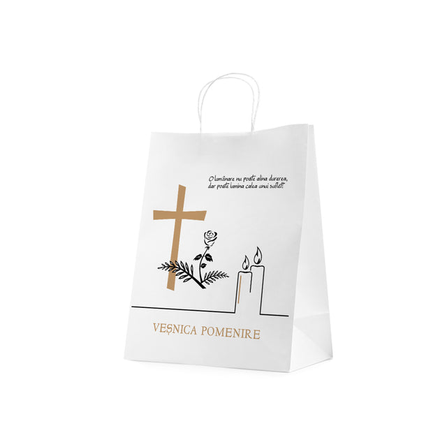 Pungă hârtie kraft ALB pentru parastase, comemorări, înmormântări Veșnica Pomenire, mânere răsucite - Model 5 24 x 31(H) x 10cm