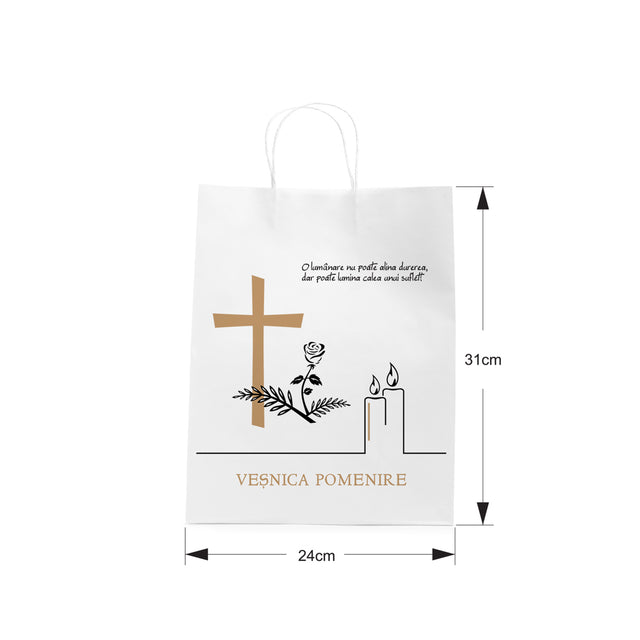 Pungă hârtie kraft ALB pentru parastase, comemorări, înmormântări Veșnica Pomenire, mânere răsucite - Model 5 24 x 31(H) x 10cm