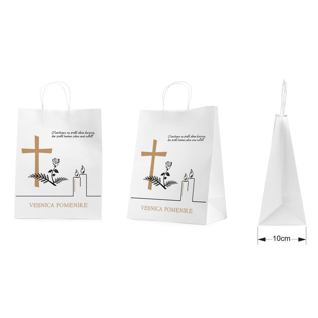 Pungă hârtie kraft ALB pentru parastase, comemorări, înmormântări Veșnica Pomenire, mânere răsucite - Model 5 24 x 31(H) x 10cm