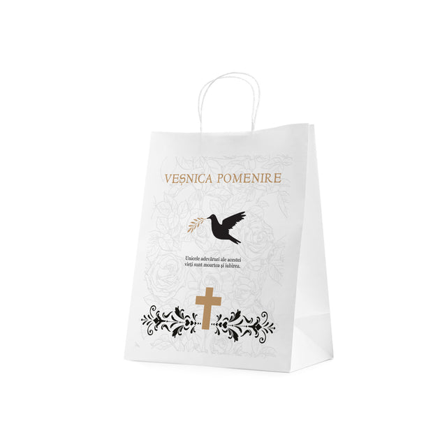 Pungă hârtie kraft ALB pentru parastase, comemorări, înmormântări Veșnica Pomenire, mânere răsucite - Model 6 24 x 31(H) x 10cm