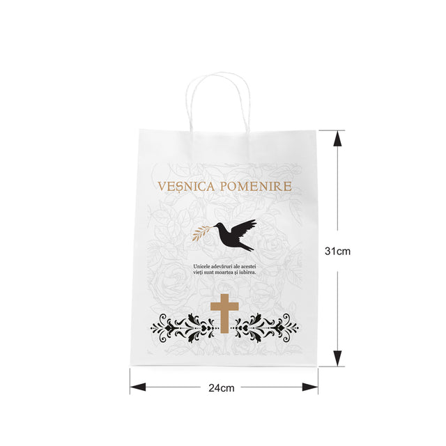 Pungă hârtie kraft ALB pentru parastase, comemorări, înmormântări Veșnica Pomenire, mânere răsucite - Model 6 24 x 31(H) x 10cm