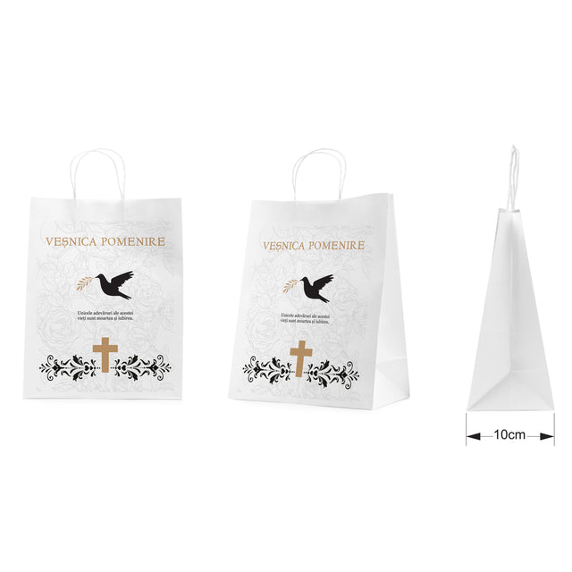 Pungă hârtie kraft ALB pentru parastase, comemorări, înmormântări Veșnica Pomenire, mânere răsucite - Model 6 24 x 31(H) x 10cm