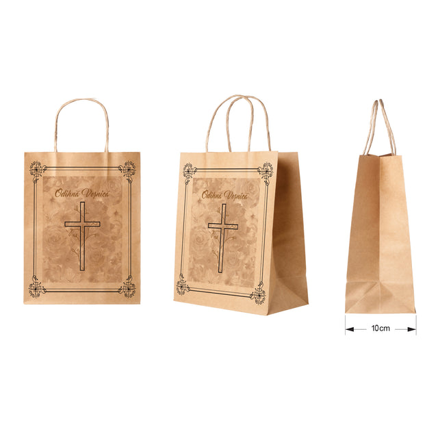 Pungă hârtie kraft NATUR pentru parastas, pomană, înmormântare „Grădina Cerului” Odihnă Veşnică – mânere răsucite – 22 x 31(H) x 10 cm