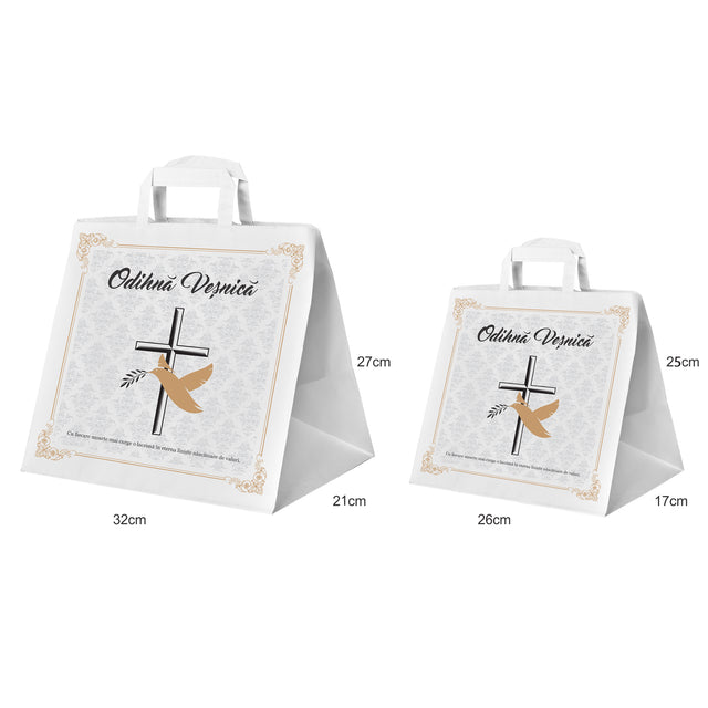 Pungă hârtie kraft ALB pentru parastas, pomană, înmormântare „Porumbel Auriu” Odihnă Veşnică – mânere plate – 26 x 25(H) x 17 cm