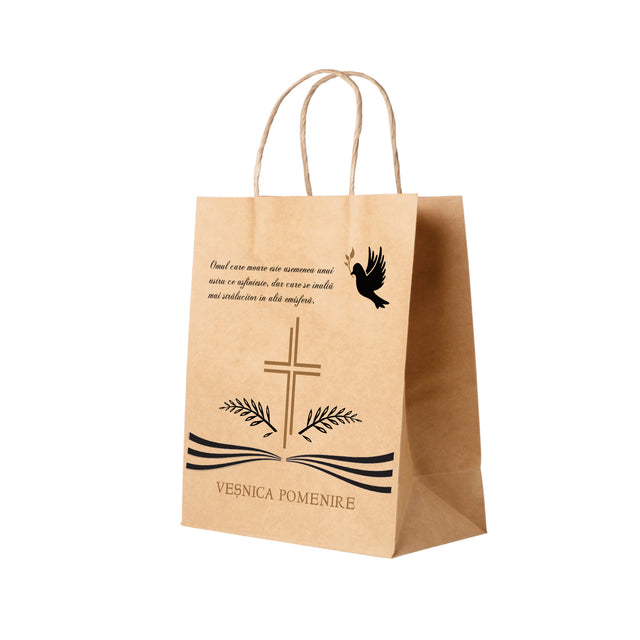 Pungă hârtie kraft NATUR pentru parastase, comemorări, înmormântări Veșnica Pomenire, mânere răsucite - Model 3 27 x 36(H) x 11cm