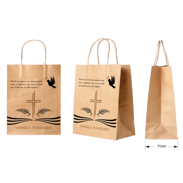Pungă hârtie kraft NATUR pentru parastase, comemorări, înmormântări Veșnica Pomenire, mânere răsucite - Model 3 27 x 36(H) x 11cm
