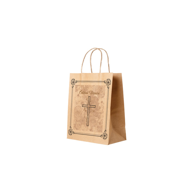 Pungă hârtie kraft NATUR pentru parastas, pomană, înmormântare „Grădina Cerului” Odihnă Veşnică – mânere răsucite – 18 x 22(H) x 8 cm