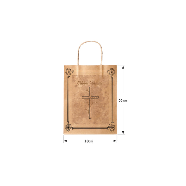 Pungă hârtie kraft NATUR pentru parastas, pomană, înmormântare „Grădina Cerului” Odihnă Veşnică – mânere răsucite – 18 x 22(H) x 8 cm