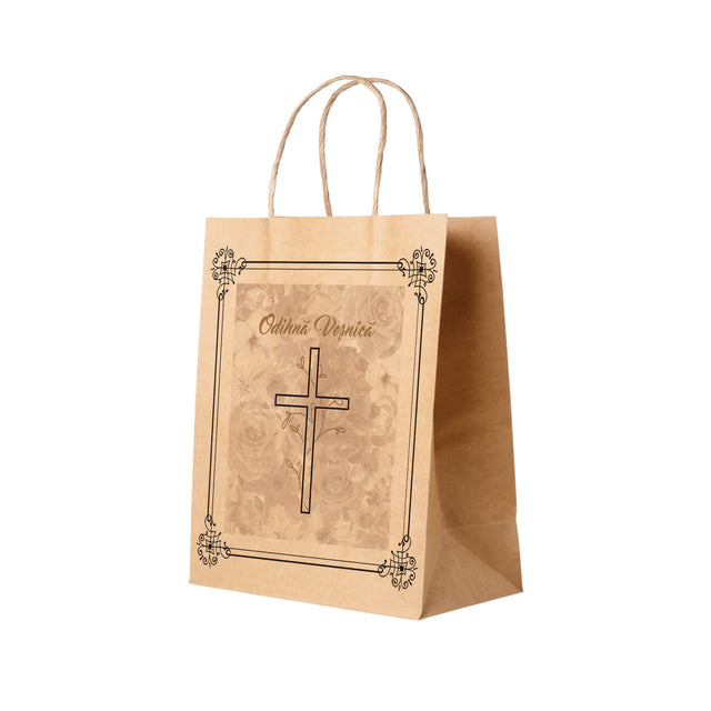 Pungă hârtie kraft NATUR pentru parastase, comemorări, înmormântări Odihnă Veșnică, mânere răsucite - Model 8 27 x 36(H) x 11cm