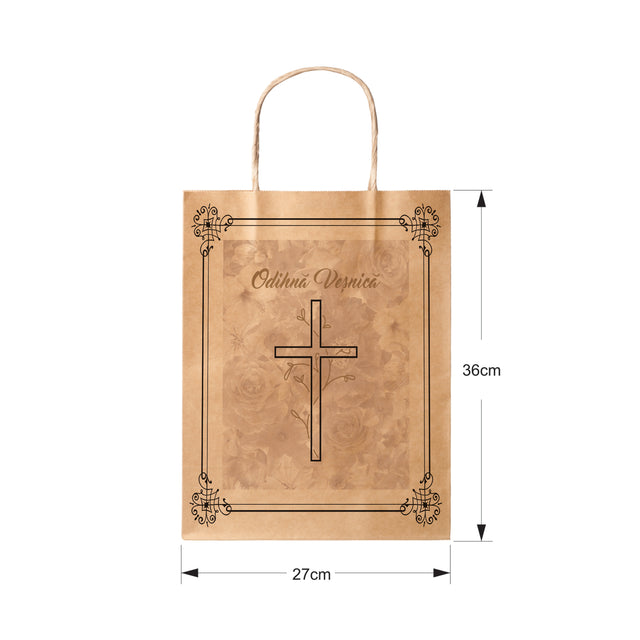 Pungă hârtie kraft NATUR pentru parastase, comemorări, înmormântări Odihnă Veșnică, mânere răsucite - Model 8 27 x 36(H) x 11cm