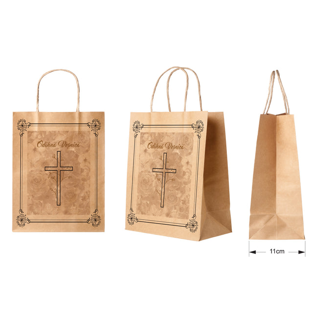 Pungă hârtie kraft NATUR pentru parastase, comemorări, înmormântări Odihnă Veșnică, mânere răsucite - Model 8 27 x 36(H) x 11cm