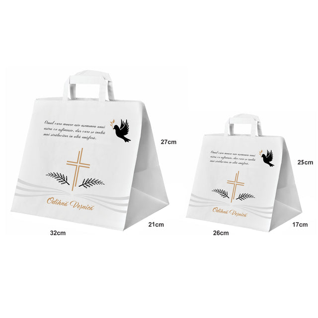Pungă hârtie kraft ALB pentru parastas, pomană, înmormântare „Porumbel Ceresc” Odihnă Veşnică – mânere plate – 26 x 25(H) x 17 cm