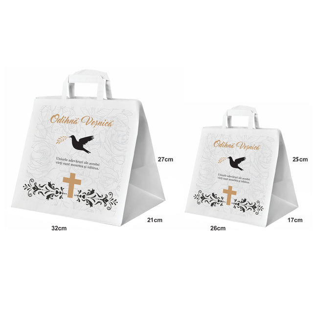 Pungă hârtie kraft ALB pentru parastas, pomană, înmormântare „Porumbel cu Trandafiri” Odihnă Veşnică – mânere plate – 32 x 27(H) x 21 cm