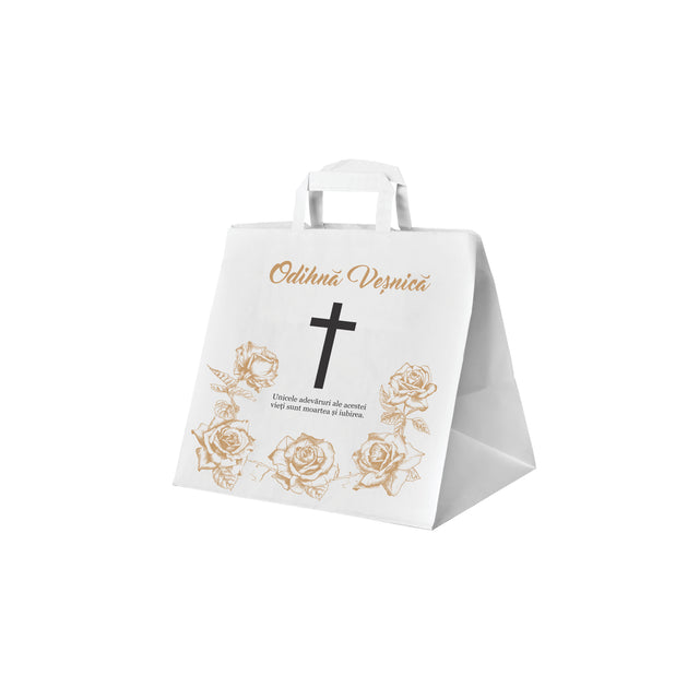 Pungă hârtie kraft ALB pentru parastas, pomană, înmormântare „Trandafirii Aurii” Odihnă Veşnică – mânere plate – 26 x 25(H) x 17 cm