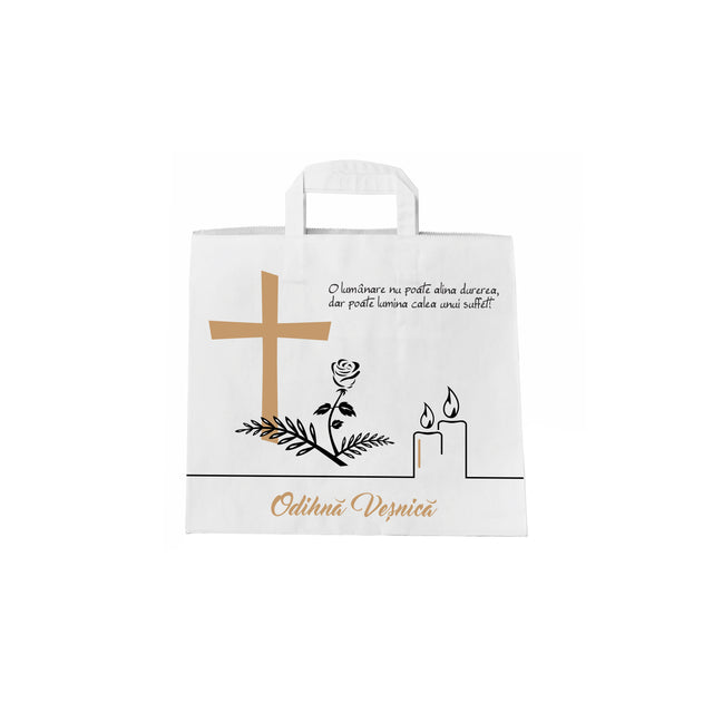 Pungă hârtie kraft ALB pentru parastas, pomană, înmormântare „Lumânare şi Trandafir” Odihnă Veşnică – mânere plate – 26 x 25(H) x 17 cm