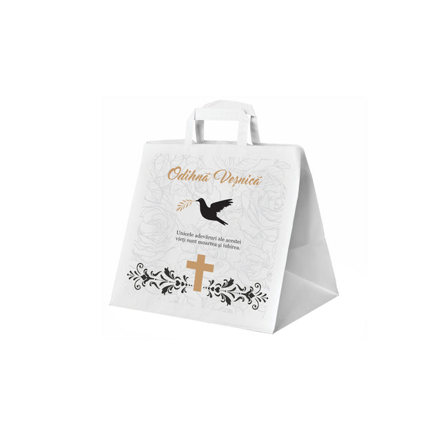 Pungă hârtie kraft ALB pentru parastas, pomană, înmormântare „Porumbel cu Trandafiri” Odihnă Veşnică – mânere plate – 26 x 25(H) x 17 cm