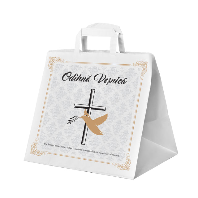 Pungă hârtie kraft ALB pentru parastas, pomană, înmormântare „Porumbel Auriu” Odihnă Veşnică – mânere plate – 32 x 27(H) x 21 cm