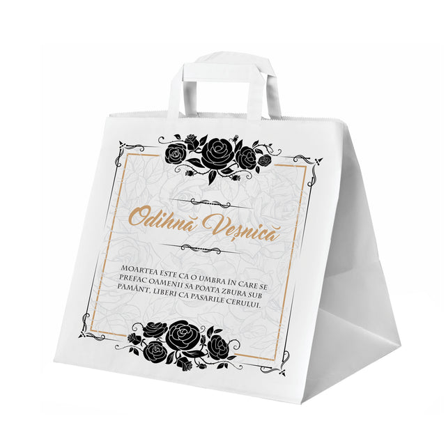 Pungă hârtie kraft ALB pentru parastas, pomană, înmormântare „Trandafiri Negri” Odihnă Veşnică – mânere plate – 32 x 27(H) x 21 cm