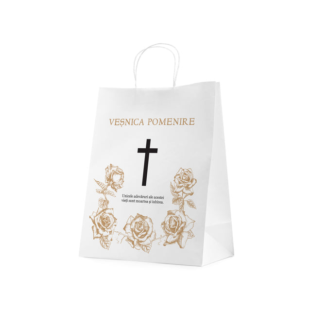 Pungă hârtie kraft ALB pentru parastas, pomană, înmormântare „Trandafirii Aurii” Veşnică Pomenire – mânere răsucite – 26 x 35(H) x 12 cm