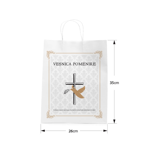 Pungă hârtie kraft ALB pentru parastas, pomană, înmormântare „Porumbel Auriu” Veşnică Pomenire – mânere răsucite – 26 x 35(H) x 12 cm