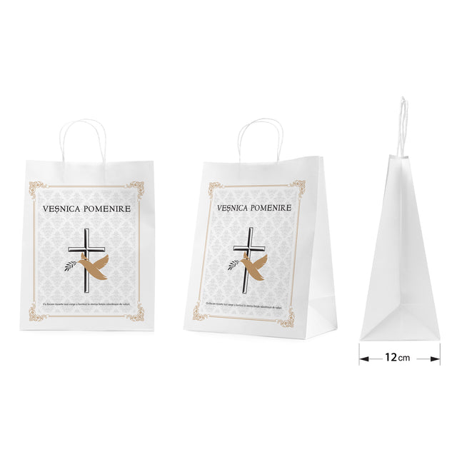 Pungă hârtie kraft ALB pentru parastas, pomană, înmormântare „Porumbel Auriu” Veşnică Pomenire – mânere răsucite – 26 x 35(H) x 12 cm