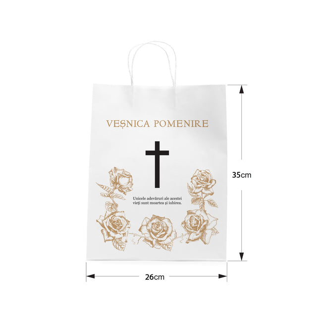 Pungă hârtie kraft ALB pentru parastas, pomană, înmormântare „Trandafirii Aurii” Veşnică Pomenire – mânere răsucite – 26 x 35(H) x 12 cm