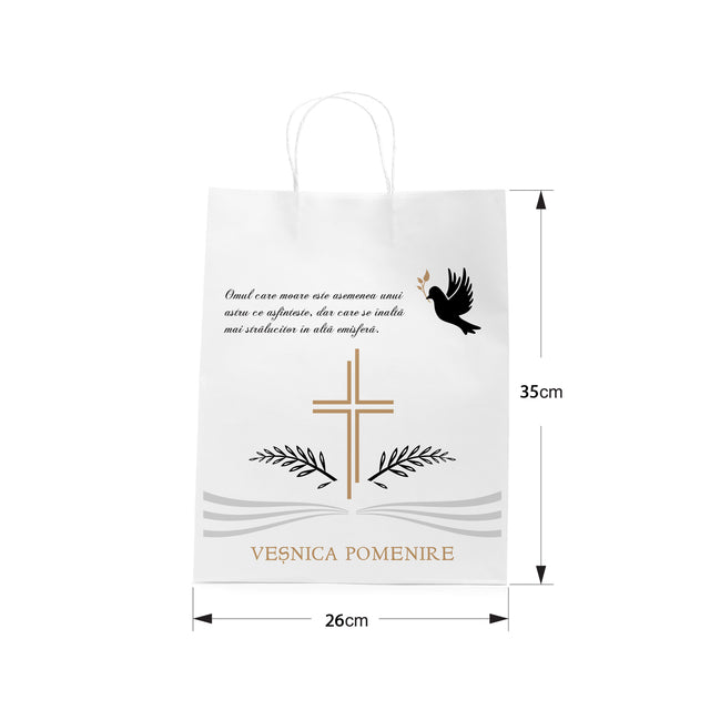 Pungă hârtie kraft ALB pentru parastas, pomană, înmormântare „Porumbel Ceresc” Veşnică Pomenire – mânere răsucite – 26 x 35(H) x 12 cm