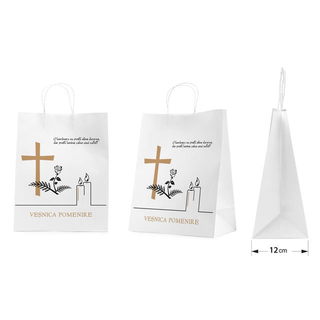 Pungă hârtie kraft ALB pentru parastas, pomană, înmormântare „Lumânare şi Trandafir” Veşnică Pomenire – mânere răsucite – 26 x 35(H) x 12 cm