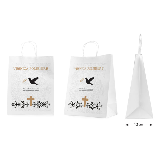 Pungă hârtie kraft ALB pentru parastas, pomană, înmormântare „Porumbel cu Trandafiri” Veşnică Pomenire – mânere răsucite – 26 x 35(H) x 12 cm