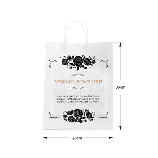 Pungă hârtie kraft ALB pentru parastas, pomană, înmormântare „Trandafiri Negri” Veşnică Pomenire – mânere răsucite – 26 x 35(H) x 12 cm