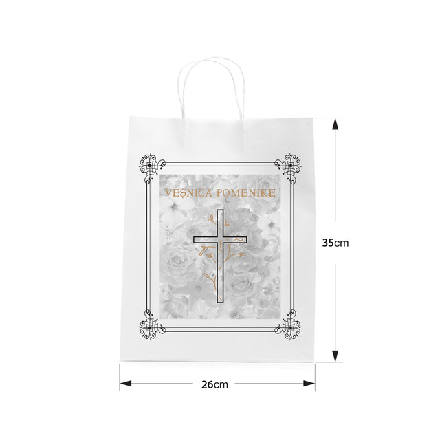 Pungă hârtie kraft ALB pentru parastas, pomană, înmormântare „Grădina Cerului” Veşnică Pomenire – mânere răsucite – 26 x 35(H) x 12 cm