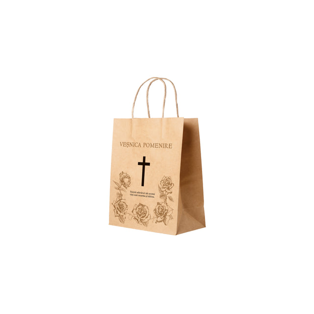 Pungă hârtie kraft NATUR pentru parastas, pomană, înmormântare „Trandafirii Aurii” Veşnică Pomenire – mânere răsucite – 18 x 22(H) x 8 cm