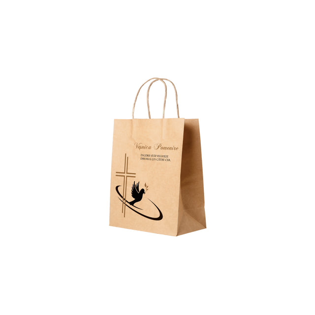 Pungă hârtie kraft NATUR pentru parastas, pomană, înmormântare „Drumul Spre Cer” Veşnică Pomenire – mânere răsucite – 18 x 22(H) x 8 cm