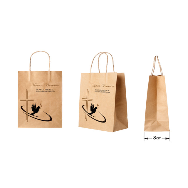 Pungă hârtie kraft NATUR pentru parastas, pomană, înmormântare „Drumul Spre Cer” Veşnică Pomenire – mânere răsucite – 18 x 22(H) x 8 cm