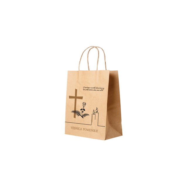 Pungă hârtie kraft NATUR pentru parastas, pomană, înmormântare „Lumânare şi Trandafir” Veşnică Pomenire – mânere răsucite – 18 x 22(H) x 8 cm