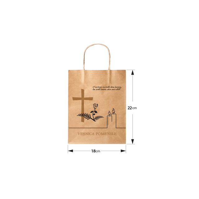 Pungă hârtie kraft NATUR pentru parastas, pomană, înmormântare „Lumânare şi Trandafir” Veşnică Pomenire – mânere răsucite – 18 x 22(H) x 8 cm