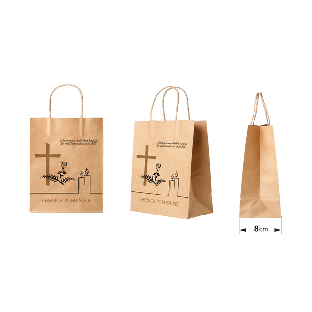 Pungă hârtie kraft NATUR pentru parastas, pomană, înmormântare „Lumânare şi Trandafir” Veşnică Pomenire – mânere răsucite – 18 x 22(H) x 8 cm